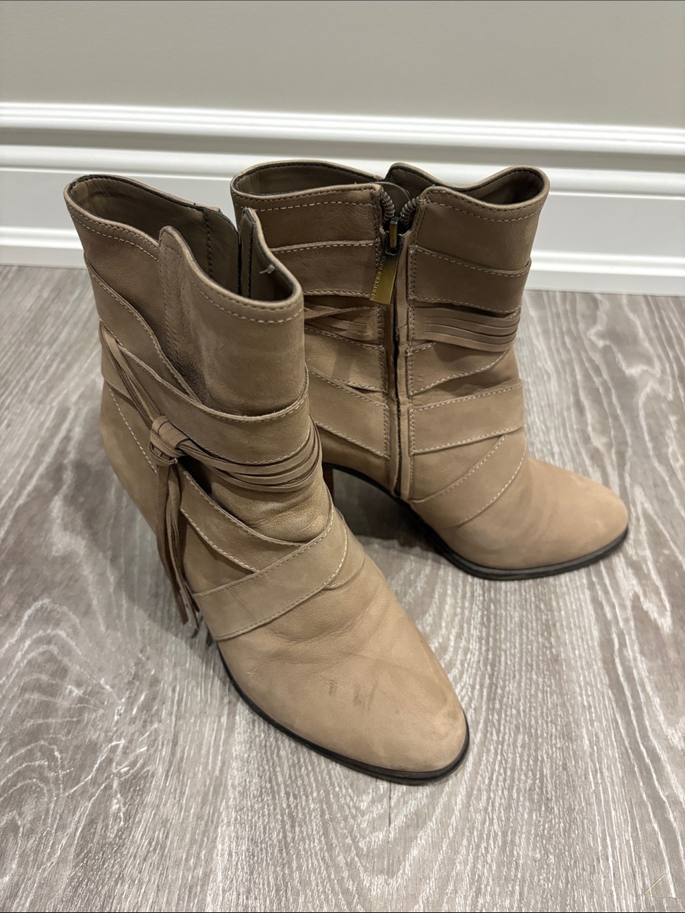Vince Camuto Taupe Suede Ankle Booties with Wrapped Strap